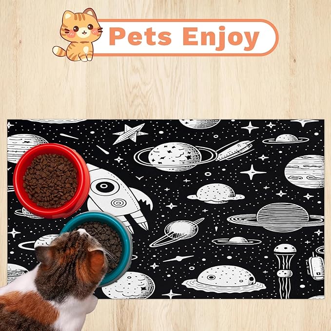 Outer Space Dog Food Mat for Floors Absorbent, Quick Dry Water Dispenser Mat for Food, Water, Pet Supplies 17" x 30", Space Rocket