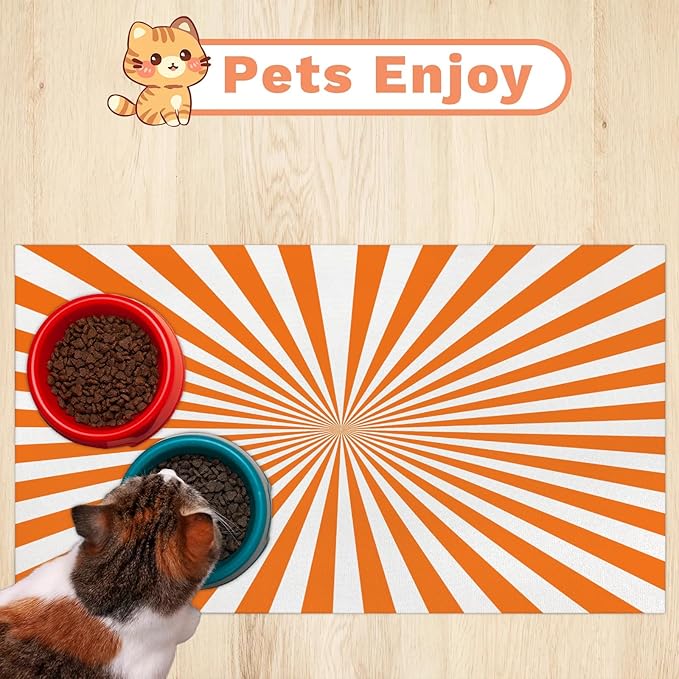 Striped Dog Food Mat for Floors Absorbent, Quick Dry Water Dispenser Mat for Food, Water, Pet Supplies 17" x 30", White Orange