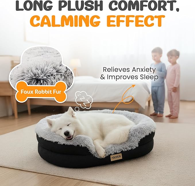 Fluffy Orthopedic Dog Bed for Large & Extra Large Dogs, Calming Plush Sofa Bed with Curved Bolster Support and Egg-Crate Foam Base, 43" Cozy Oval Pet Donut Bed with Washable Cover, Gray