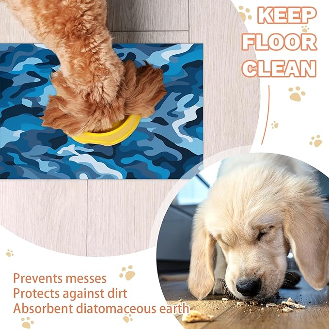 Blue Camouflage Dog Food Mat for Floors Absorbent Dog Bowl Mat for Food and Water Dispenser Quick Dry Cat Food Placemat Pet Supplies 16" x 24", Camo