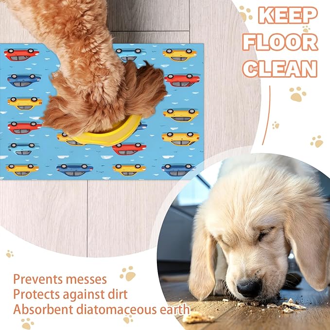 Cartoon Car Dog Food Mat for Floors Absorbent, Quick Dry Water Dispenser Mat for Food, Water, Pet Supplies 12" x 20", Transportation Taxi