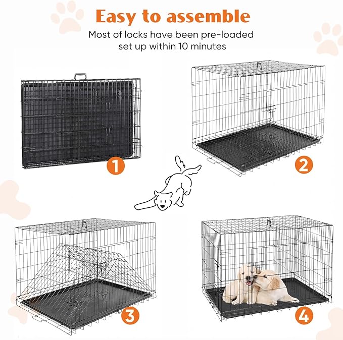 Sweetcrispy 42 Inch Dog Crate, Medium Large Crates Double Door Folding Metal Wire Dog Cage with Plastic Leak-Proof Pan Tray, Pet Kennel for Indoor, Outdoor, Travel