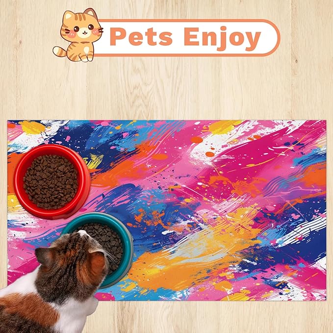 Colorful Graffiti Dog Food Mat for Floors Absorbent Dog Bowl Mat for Food and Water Dispenser Quick Dry Cat Food Placemat Pet Supplies 17" x 30", Abstratc Graffiti