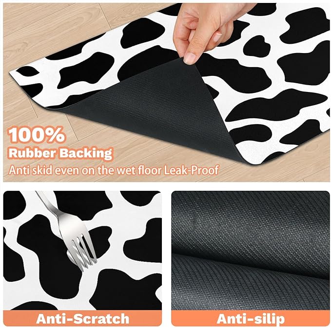 Cow Print Dog Food Mat for Floors Absorbent Dog Bowl Mat for Food and Water Dispenser Quick Dry Cat Food Placemat Pet Supplies 17" x 30", Milk Cow Print