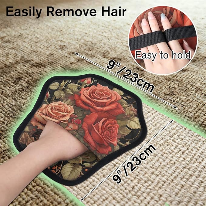 Reusable Pet Hair Removal Glove Roses Flowers Magic Brush for Cat & Dog Hair Remover for Car, Sofa, Bedding, Clothes - 9x9 Mitt Washable