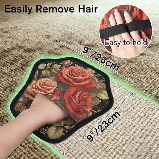 Reusable Pet Hair Removal Glove Roses Flowers Magic Brush for Cat & Dog Hair Remover for Car, Sofa, Bedding, Clothes - 9x9 Mitt Washable