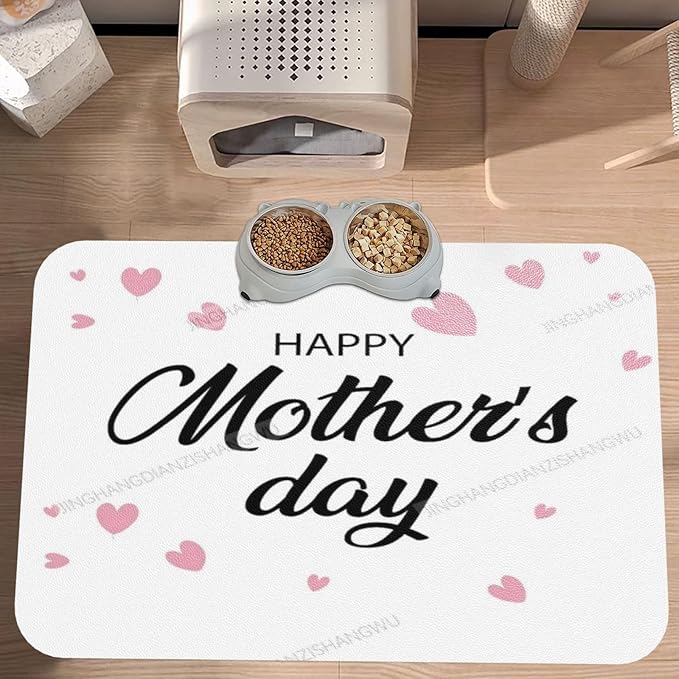 Pet Feeding Mats with Residue Collection Happy Mother's Day Floral Gift for Mom Fb Waterproof Dog Cat Bowl Mat 18X12In with Prevent Water Food Spills