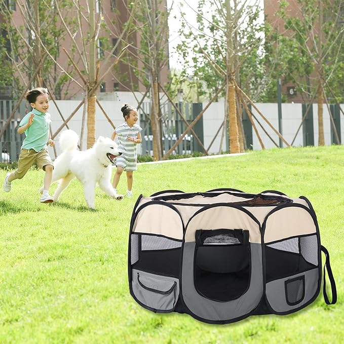 Pet Cat Playpen for Indoor Cats Enclosed,Puppy Small Dog Cat Tent Crates Cage,Portable Pet Dog Playpen,29x29x16,Grey/Beige,1Pack