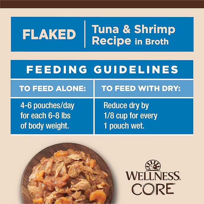Wellness CORE Tiny Tasters Flaked Adult Wet Cat Food, Natural, Protein-Rich, Grain Free, 1.75-Ounce Pouch, 12 Pack, (Tuna & Shrimp)