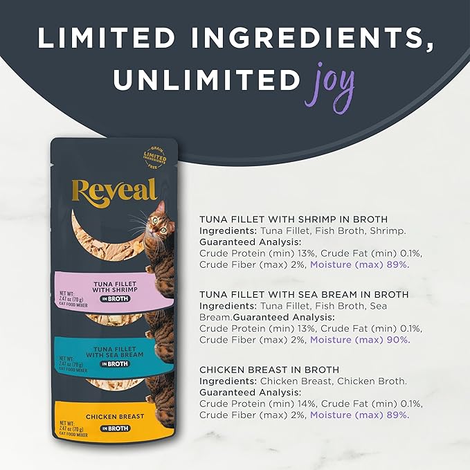 Reveal Natural Wet Cat Food, 12 Count, Grain Free, Limited Ingredient Cat Food Pouches, Fish and Chicken Variety in Broth, 2.47 oz Pouches