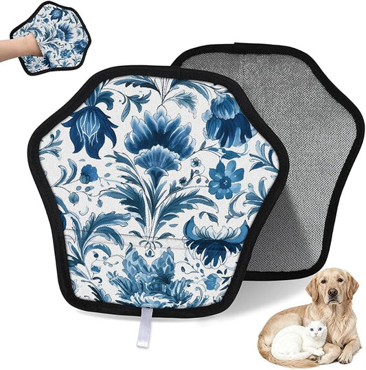 Vintage Floral Electrostatic Pet Hair Removal Glove for Cats & Dogs - Reusable Grooming Mitt for Couch, Carpet, Car Seat & Laundry - Large 9x9 Inch