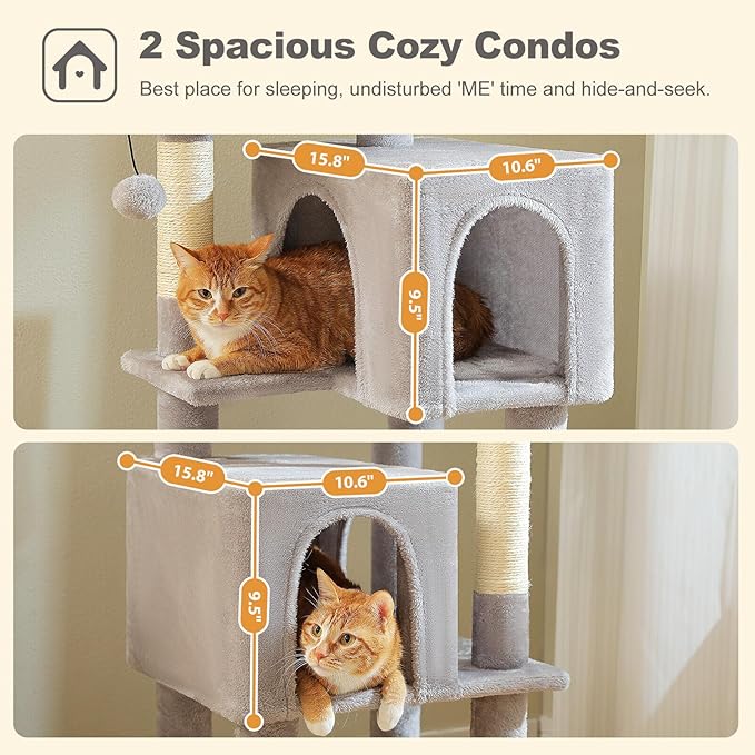 Cat Tree for Indoor Cats, 62" Multi-Level Cat Tower with 2 Spacious Condos, Scratching Pad, 4 Cat Scratching Posts, 2 Top Perches, 2 Pompoms, Grey