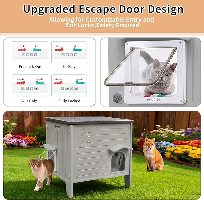 Cat House Outside with Soft Mat for Winter，Plastic Cat House Waterproof for Outdoor, Feral Cat Shelter with Escape Door, Easy to Assemble Easy to Clean