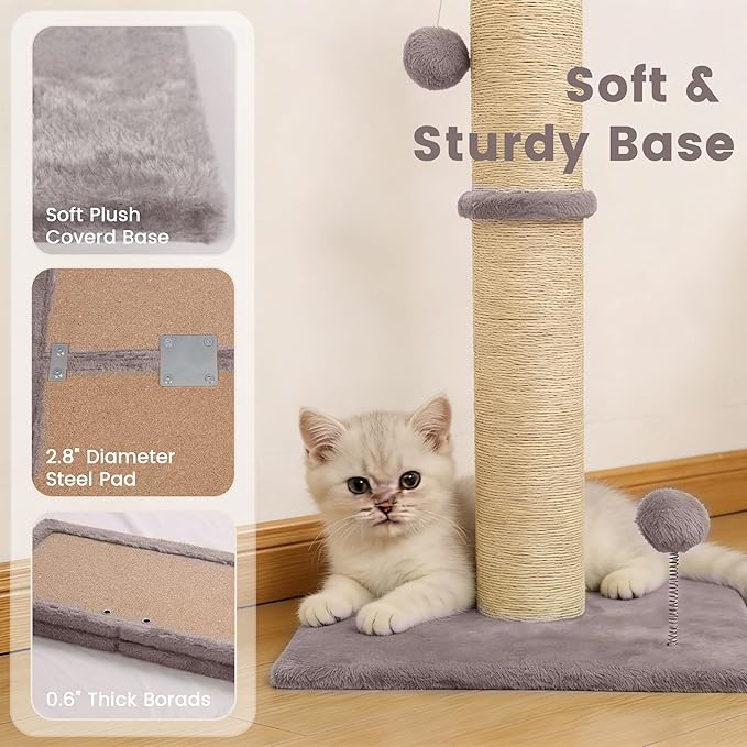 22" Small Cat Scratching Post, 3-in-1 Durable Sisal Vertical Cat Scratcher Post with Hanging Ball, Sturdy Cat Scratch Pole with Soft Fabric Base for Kittens or Smaller Cats, Light Gray