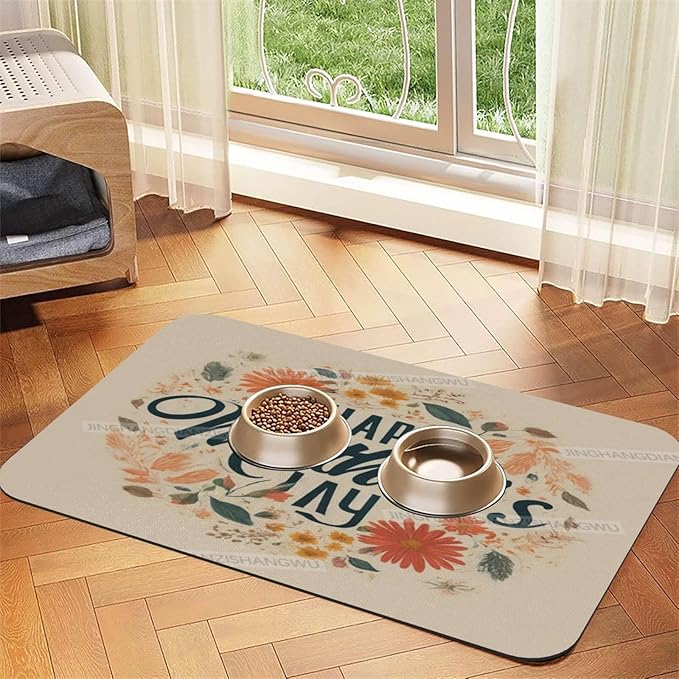 Pet Feeding Mats with Residue Collection Happy Mother's Day Floral Gift for Mom Ba Waterproof Dog Cat Bowl Mat 24x16In with Prevent Water Food Spills