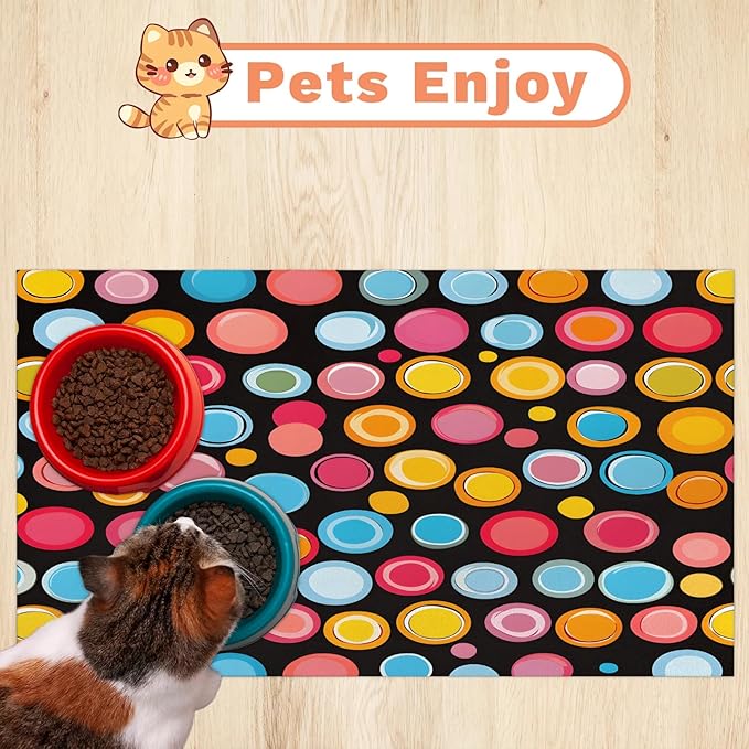 Polka Dot Dog Food Mat for Floors Absorbent Dog Bowl Mat for Food and Water Dispenser Quick Dry Cat Food Placemat Pet Supplies 16" x 24", Colorful Circles