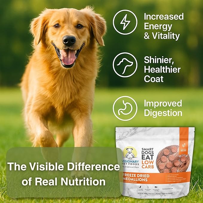 Visionary Pet Foods Low Carb Keto Dog Food <1g Net Carbs Freeze Dried Chicken Diabetic Friendly Made in USA 155 Medallions 12.5oz