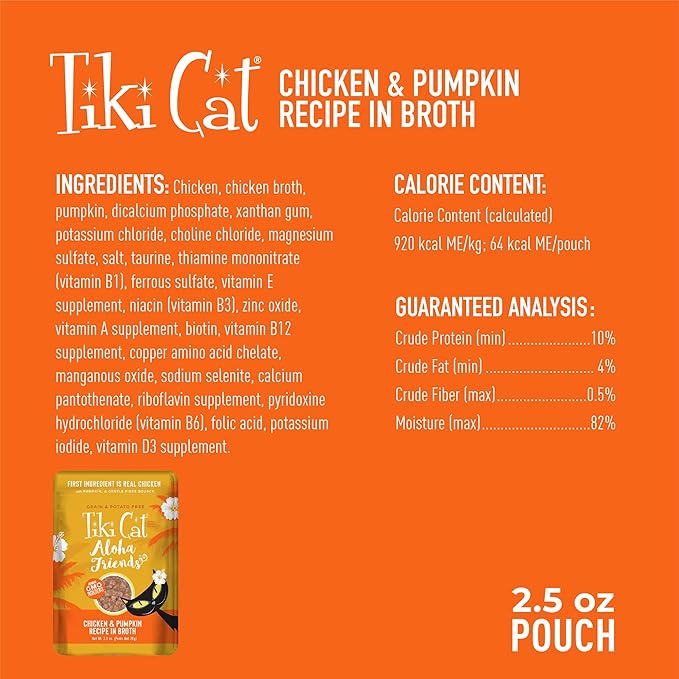 Tiki Cat Aloha Friends, Chicken & Pumpkin, Grain-Free & High Moisture, Wet Cat Food for All Life Stages 2.5 oz. Pouch (12 Count)