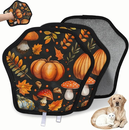 Reusable Pet Hair Removal Glove Pumpkin Mushroom Leaves Magic Brush for Cat & Dog Hair Remover for Car, Sofa, Bedding, Clothes - 9x9 Mitt Washable