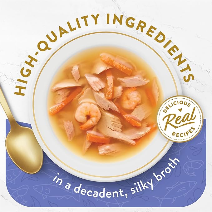 Fancy Feast Purina Limited Ingredient Wet Cat Food Complement,Broths with Tuna,Shrimp & Whitefish - 1.4 oz. Pouches,(Pack of 32)