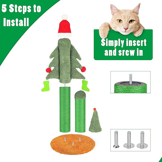 FluffyDream 32” Cat Scratching Post, Tall Christmas Tree Cat Scratcher with 3 Posts and Cute Dangling Teaser Balls, Natural Sisal Rope Cat Toys for Kitty and Adult Cats