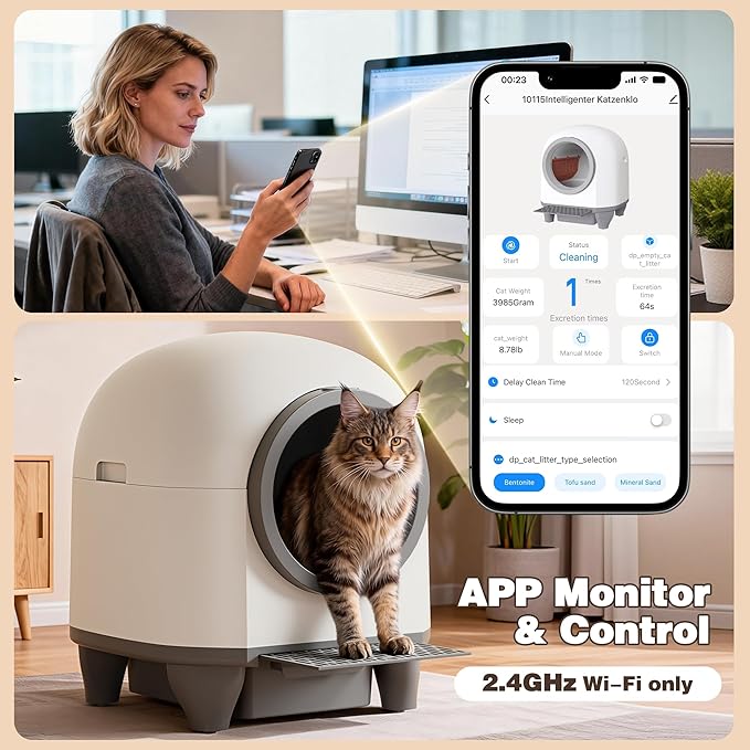 Greesum UltraSmart AutoClean Litter Box - 90L Large Capacity for Multi-Cat Households with Safeguard Tech, APP Control, Odor-Free Design & Mat/1 Roll Litter Bag