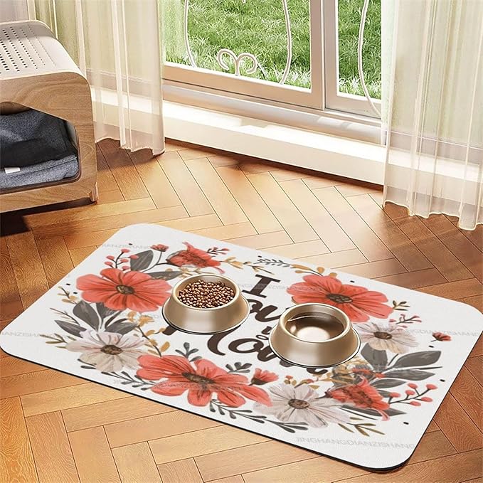Pet Feeding Mat for Dogs Cats Happy Mother's Day Floral Gift for Mom Kw Absorbent Dog Food Mat Non-Slip Waterproof Placemat Quick Dry Pet Supplies Bowl Mats