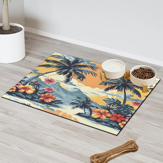 Palm Tree Dog Food Mat for Floors Absorbent, Quick Dry Water Dispenser Mat for Food, Water, Pet Supplies 24" x 32", Tropical Flower