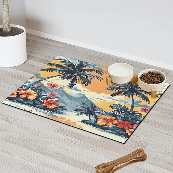 Palm Tree Dog Food Mat for Floors Absorbent, Quick Dry Water Dispenser Mat for Food, Water, Pet Supplies 17" x 30", Tropical Flower