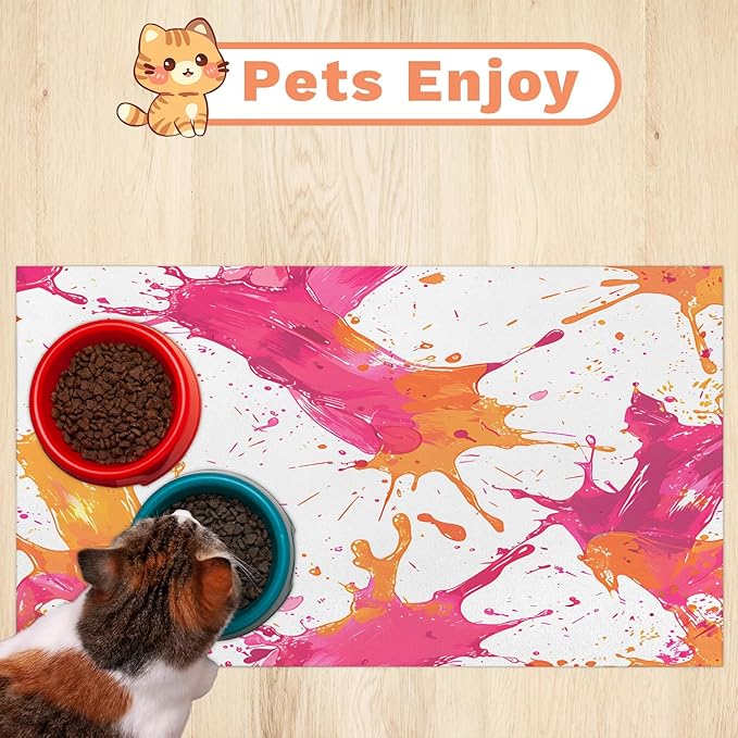 Graffiti Dog Food Mat for Floors Absorbent Dog Bowl Mat for Food and Water Dispenser Quick Dry Cat Food Placemat Pet Supplies 16" x 24", Pink Orange