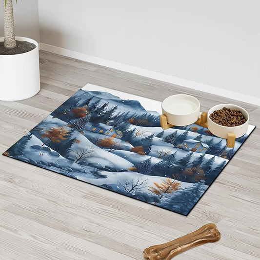 Village Dog Food Mat for Floors Absorbent, Quick Dry Water Dispenser Mat for Food, Water, Pet Supplies 16" x 24", Forest Snowflake
