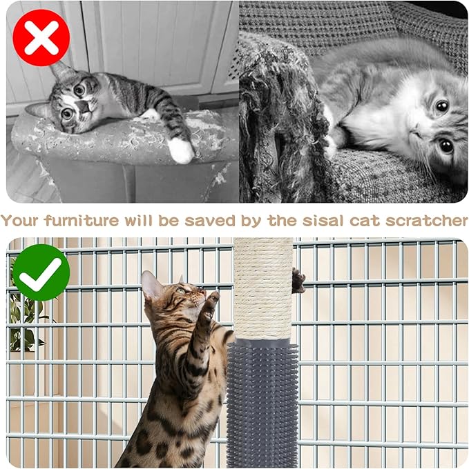2 Pack Cat Scratching Post for Crate Cage, Wall Mounted Cat Scratcher Post with Self Groomer and Massager, Cat Cage Scratcher Pole to Scratch and Climbing 12.2x2.4in (Yellow, 2 Scratching)
