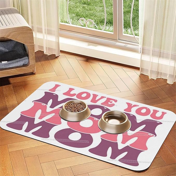 Dog Food Mat Happy Mother's Day Floral Gift for Mom Kf Absorbent Water Bowl Mats Cat Pet Feeding Placemats 24x16In