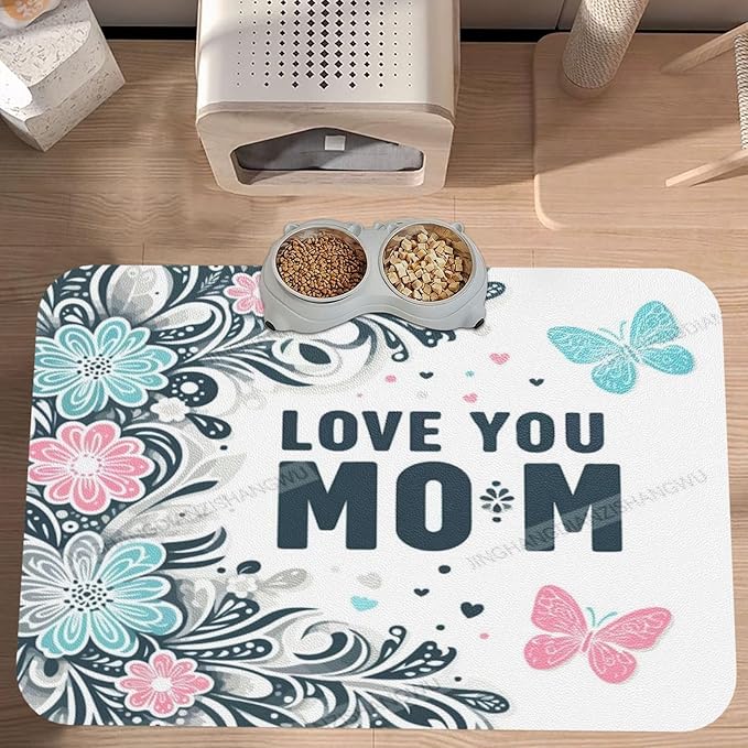 Dog Food Mat for Floors Absorbent Quick Drying Happy Mother's Day Floral Gift for Mom Butterfly Art Pet Cat Food Mat Easy-to-Clean Pet Feeding Mats Dog Bowl Mats 18X12In