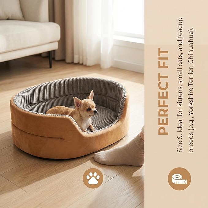 Medium Dog Bed Cat Bed 18x26 Inch, Calming Pet Bed for Small Dogs & Cats, Half-Enclosed Open-Top Velvet Anti-Anxiety Bed, Machine Washable Cozy Snuggle Bed (Camel)