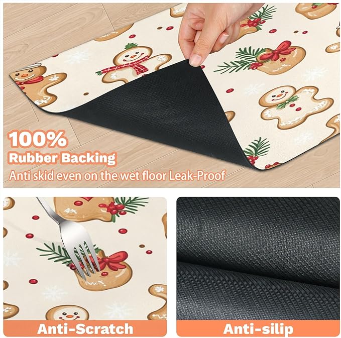 Gingerbread Man Dog Food Mat for Floors Absorbent, Quick Dry Water Dispenser Mat for Food, Water, Pet Supplies 16" x 24", Xmas Holly