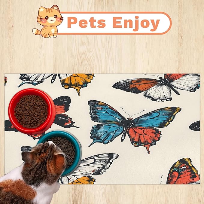 Colorful Butterfly Dog Food Mat for Floors Absorbent, Quick Dry Water Dispenser Mat for Food, Water, Pet Supplies 12" x 20", Watercolor Animal