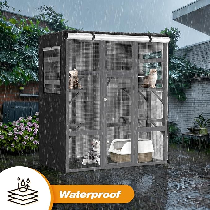 Catio Cover,64"L x 34"W x 71"H Cover for Catio Outdoor Cat Enclosure Waterproof, 420D Cat Cage Covers for Nyeekoy Large Wood Catios, Outdoor Cats Enclosure Covers(Black)(Catios Not Included)