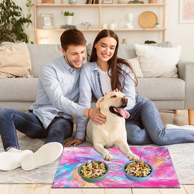 Cute Tie Dye Dog Food Mat for Floors Absorbent, Quick Dry Water Dispenser Mat for Food, Water, Pet Supplies 24" x 32", Rainbow
