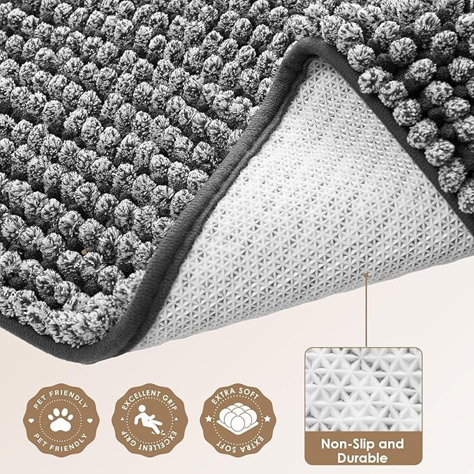 EHEYCIGA Super Absorbent Dog Door Mat for Muddy Paws 48x30 Inch Indoor, Front Doormat Outside Entrance, Quick Dry Chenille Washable Dog Crate Bed, Non-Slip Pet Rug Mud Mat Outdoor Entryway, Grey