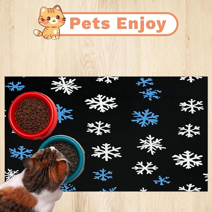 Winter Snowflake Dog Food Mat for Floors Absorbent, Quick Dry Water Dispenser Mat for Food, Water, Pet Supplies 17" x 30", Xmas