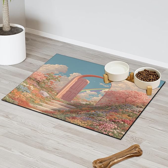 Rainbow Cloud Dog Food Mat for Floors Absorbent, Quick Dry Water Dispenser Mat for Food, Water, Pet Supplies 12" x 20", Wildflower Flower