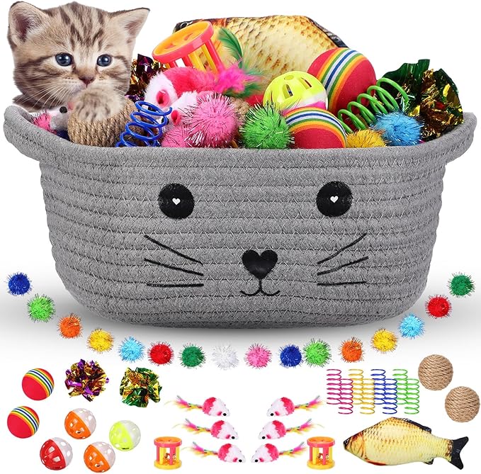 Zopeal 58 Pcs Easter Cat Storage Basket Gift Toys Set, Colorful Flashing Balls Pet Bell Crinkle Balls Spring Toys Attract Cat to Swat, Hunt, Interactive for Pet(Grey,9.8 Inch)