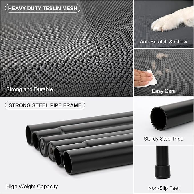 Cooling Elevated Dog Bed for Extra Large Dogs with Non-Slip Floor Protectors & Breathable Mesh, XL Raised Indoor & Outdoor Dog Cot Hammock, 54" L x 35" W x 8" Th, X-Large, Grey