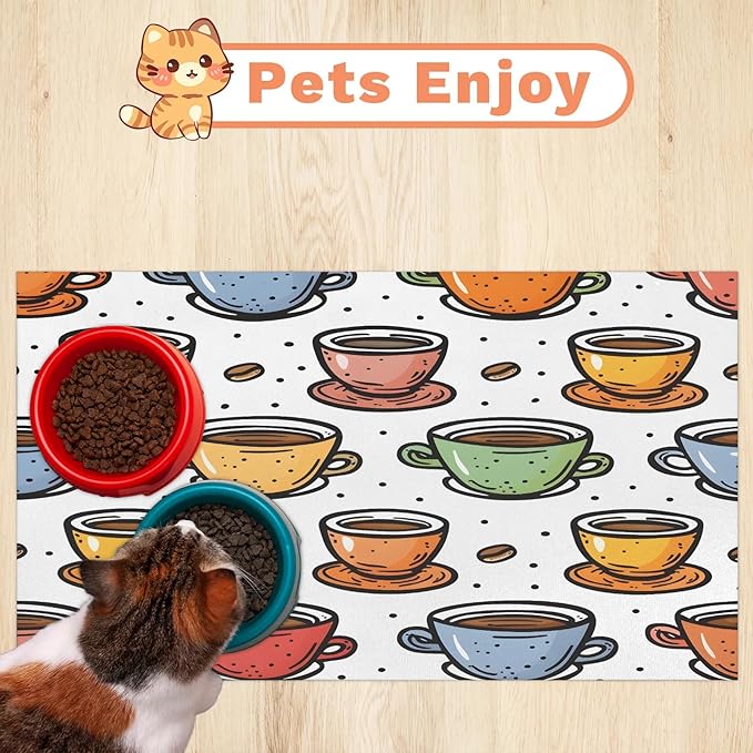Coffee Cup Dog Food Mat for Floors Absorbent Dog Bowl Mat for Food and Water Dispenser Quick Dry Cat Food Placemat Pet Supplies 12" x 20", Colorful Cup