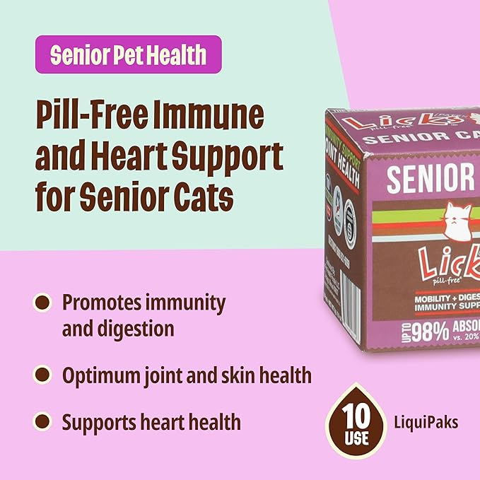 Licks Pill-Free Senior Cat - Joint Support & Digestion Supplement for Senior Cats - Immunity Vitamins & Heart Health Supplements for Older Cats - Gel Packets - 30 Use