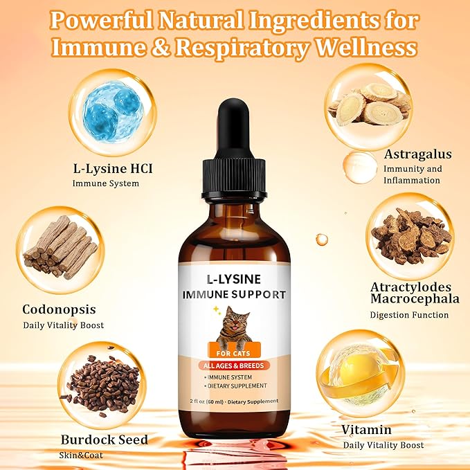 L-Lysine Supplement for Cats – Immune & Respiratory Support – 60ml Cat Lysine Drops with Roast Chicken Flavor – Supports Eye & Nose Health