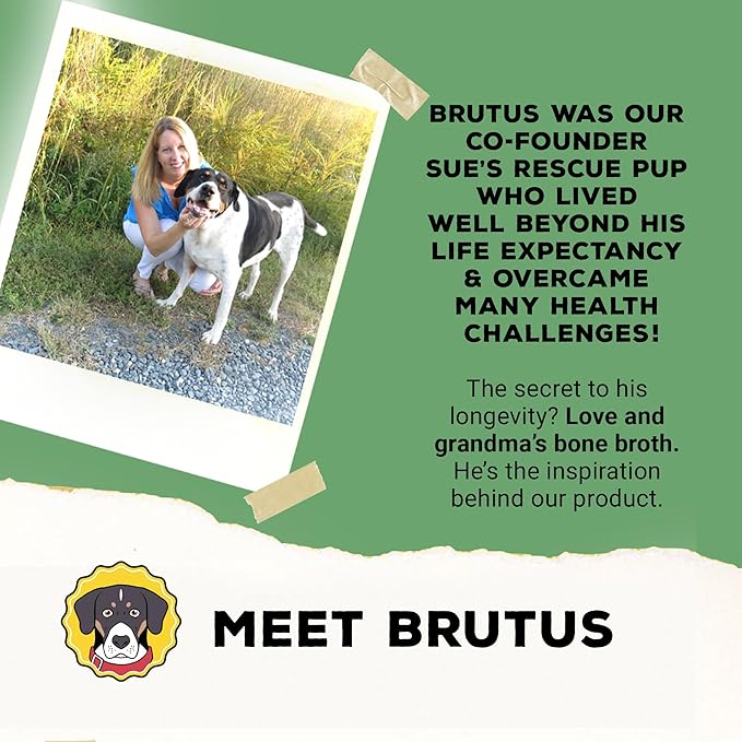 Brutus Broth Dog Food Topper - Vegetable Instant Broth Powder for Adult Dogs’ Skin & Coat - Made with Natural Ingredients - Serve Dry or Wet - Vegetable Flavor - 3.5 oz Pack (Makes 130 oz with Water)