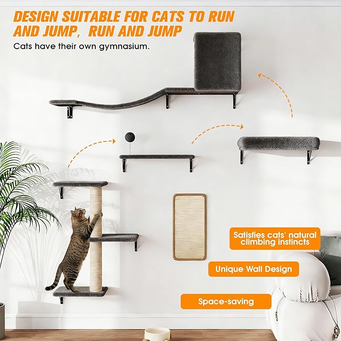 COZIWOW Cat Wall Shelves Set, 5-Piece Wall Mounted Cat Furniture with Cat Tree & Scratching Post, Floating Cat Perches for Indoor Cats（Grey）