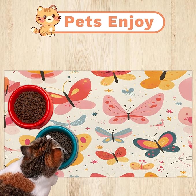 Watercolor Butterfly Dog Food Mat for Floors Absorbent, Quick Dry Water Dispenser Mat for Food, Water, Pet Supplies 16" x 24", Colorful Animal
